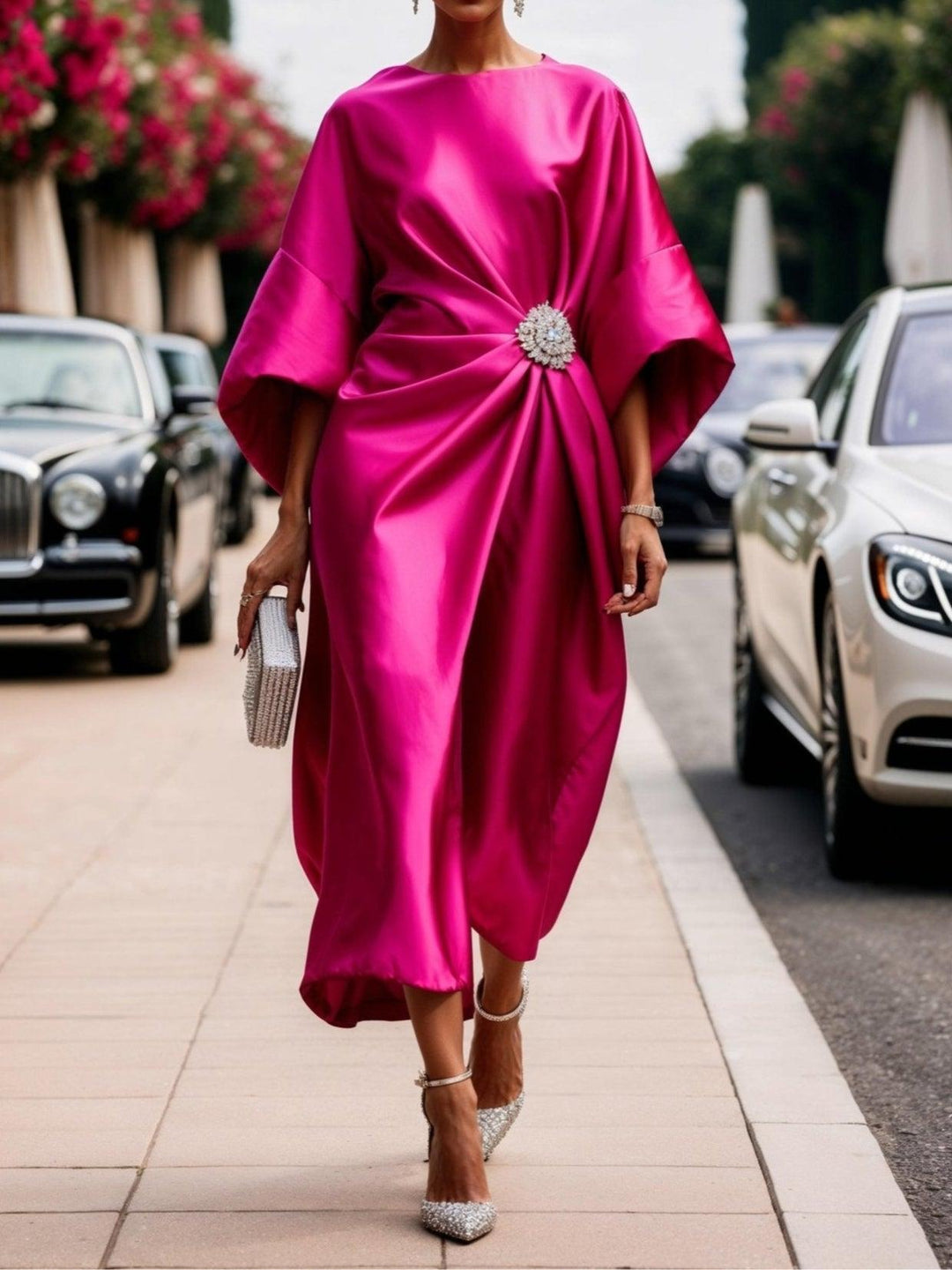 Lucia™ |Satin dress with jewelled drape and wide sleeves