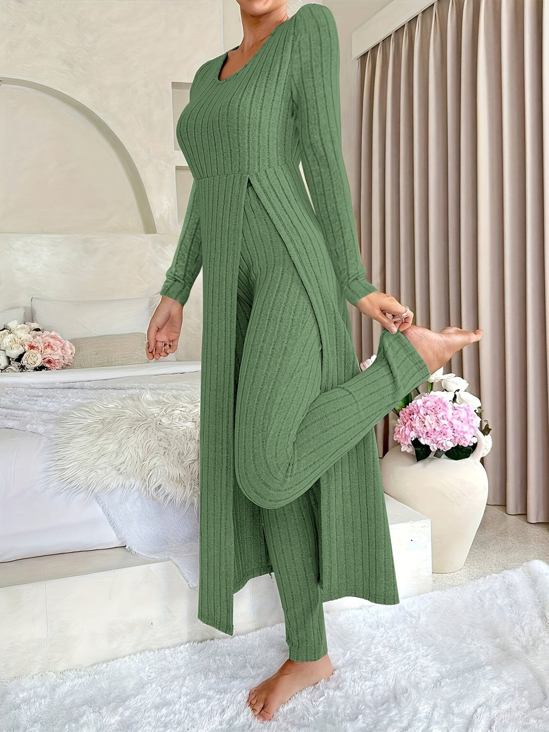Rochy-Ribbed Long-sleeved Top and Bottom